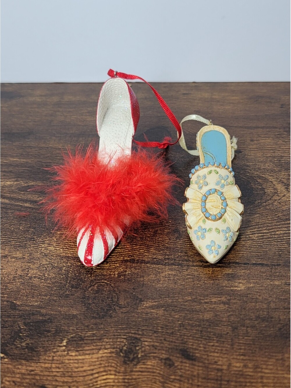 Two miniature shoe Ornaments Red And White Stripped Feather And Blue Victorian